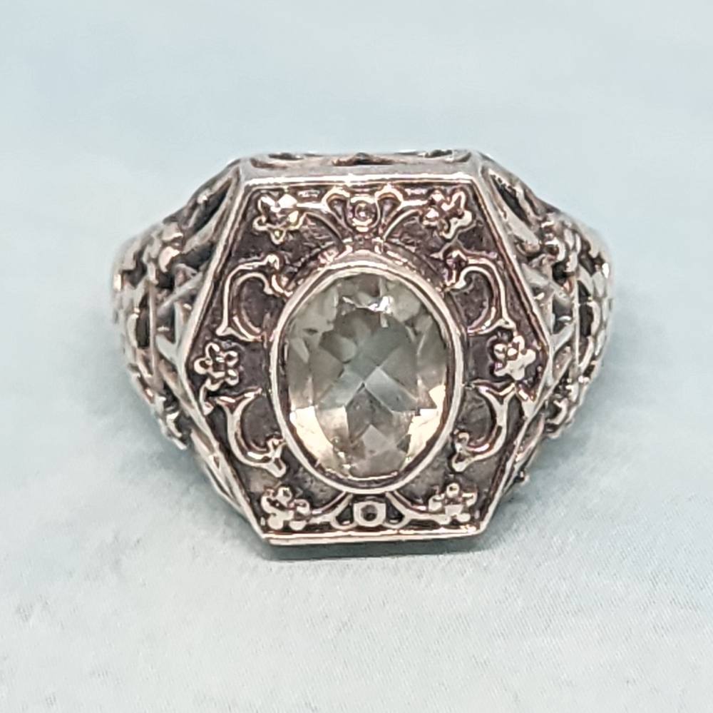 Green Amethyst and Sterling Filigree Ring